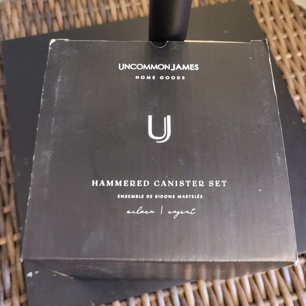 NIB UNCOMMON JAMES Silver Metal Hammered Cannister Set 2 Kitchen Gift Wood Lid